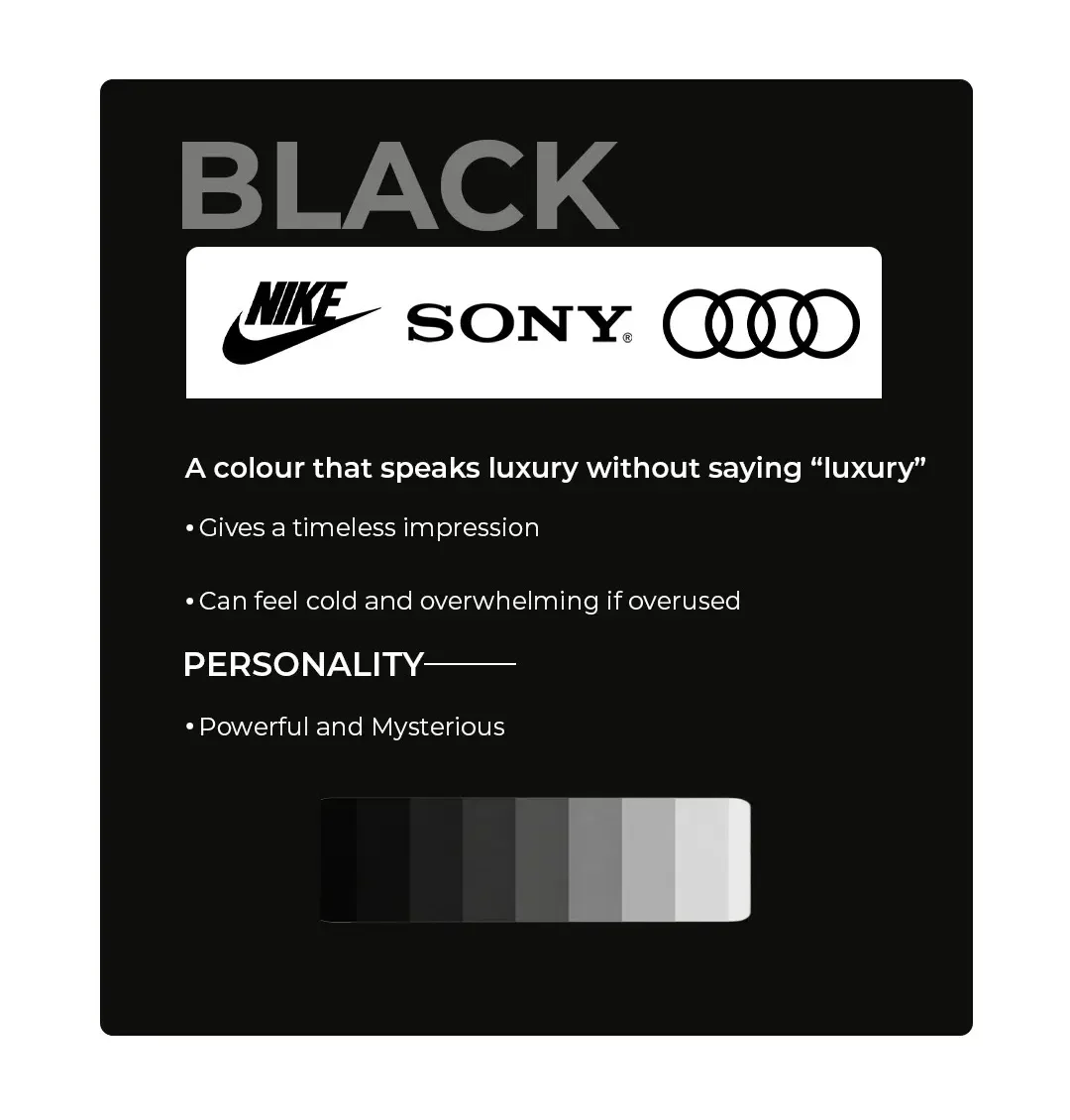 Black colour psychology in branding - Shows Nike, Sony, and Audi logos representing luxury, elegance and exclusivity