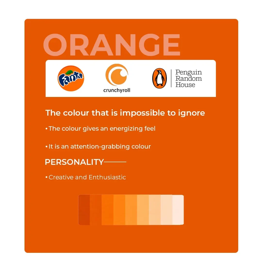 Orange colour psychology in branding - Shows Fanta, Crunchyroll, and Penguin Random House logos representing energy, creativity and enthusiasm