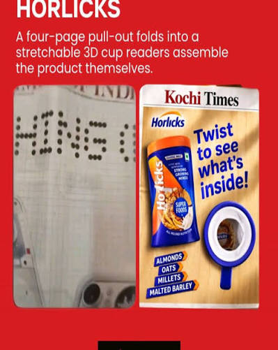 Horlicks twist-and-unfold newspaper pull-out cup advertisement