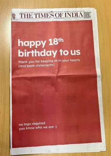 Zomato red front-page birthday advertisement in The Times of India